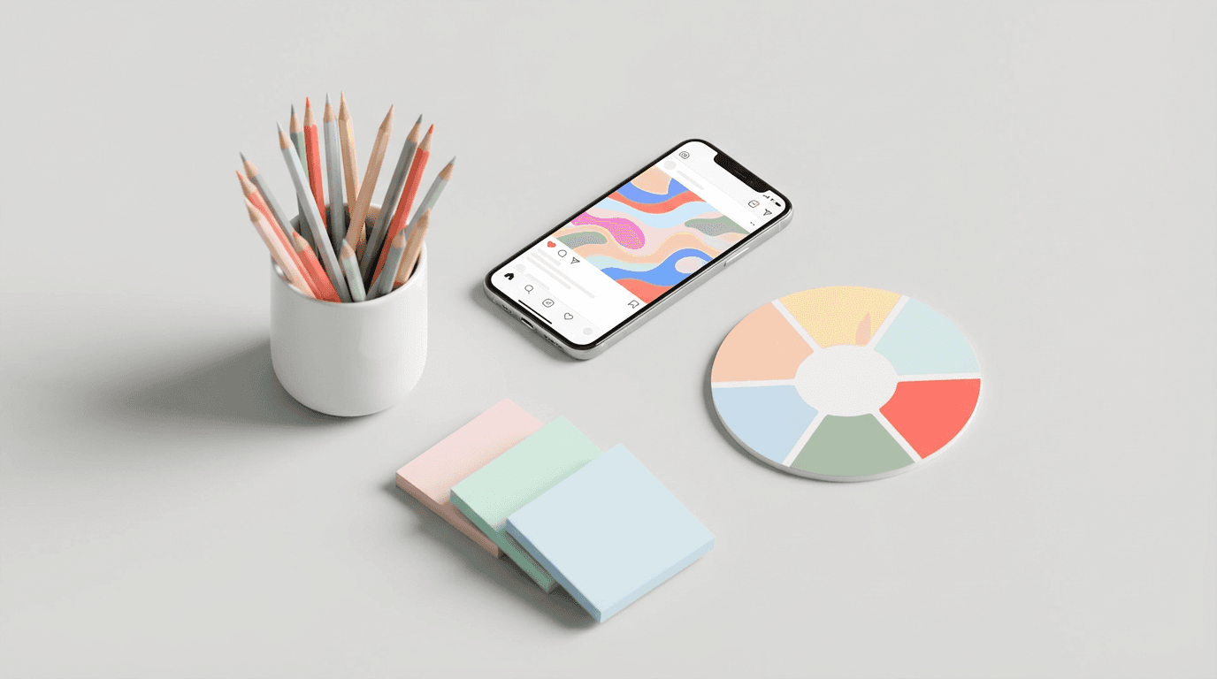 Overhead flat-lay of creative tools including phone, markers, color swatches, and mood board on gray background