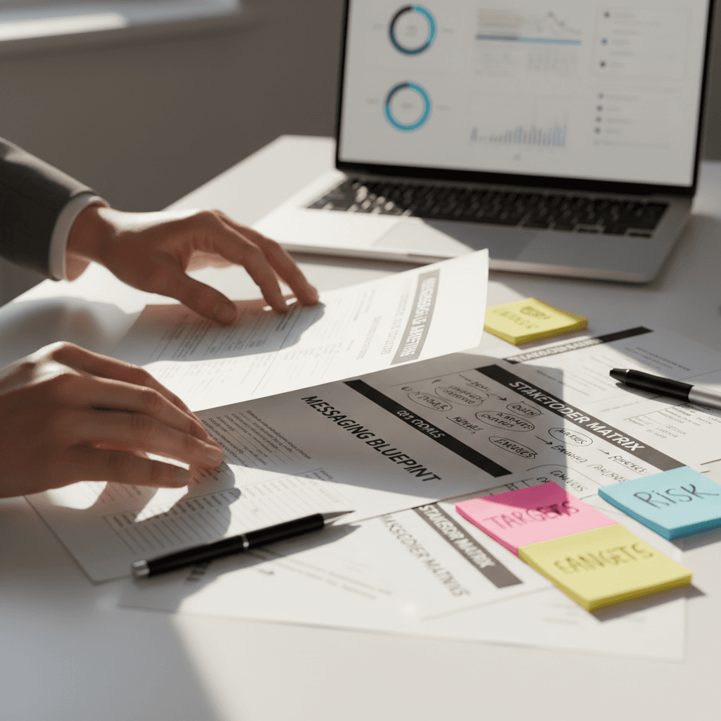 Strategist's hands arranging communication documents and notes on white desk with laptop in background