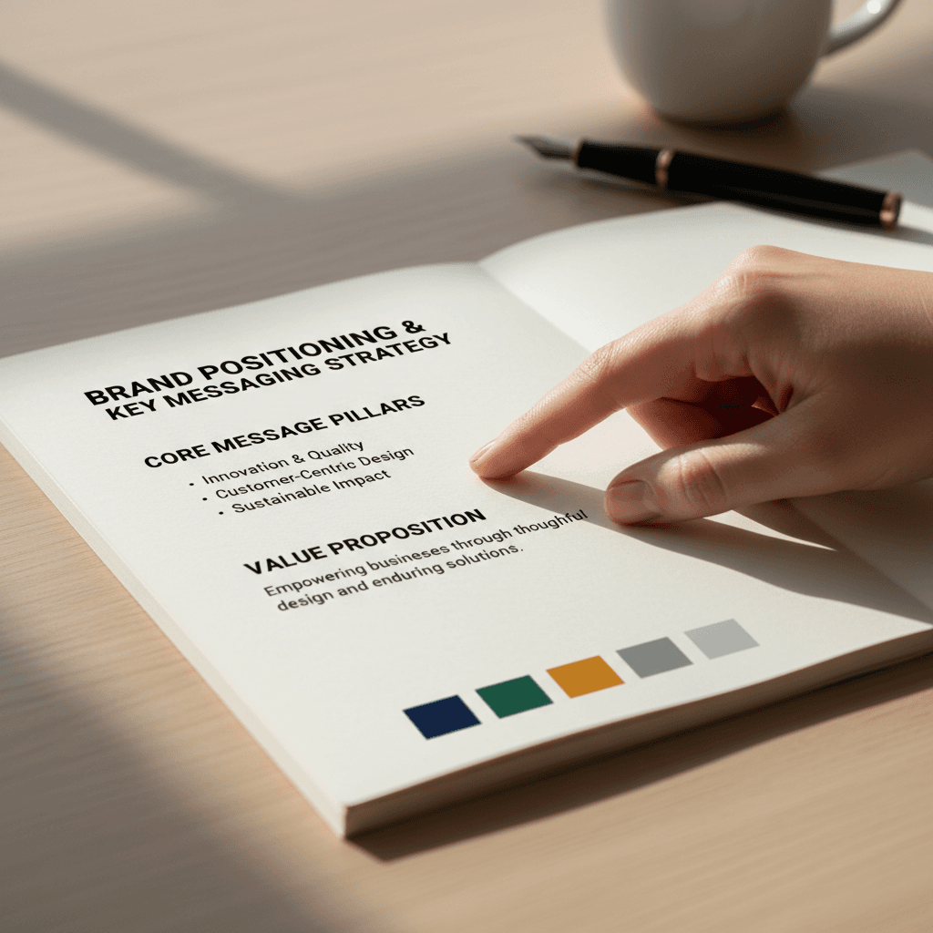 Close-up of printed brand guideline document showing positioning strategy with hand and natural light