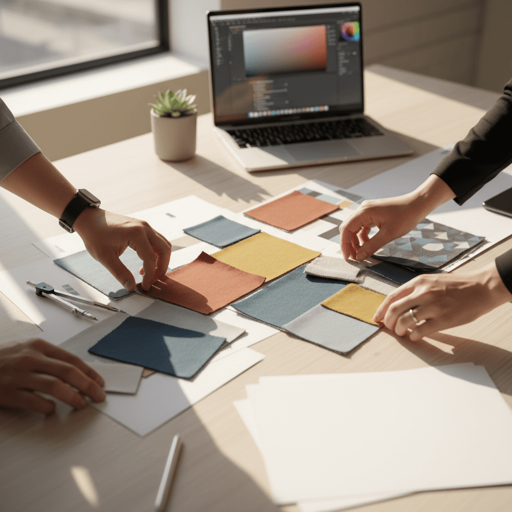 Product designer's workspace with sketches, wireframes, and laptop showing product mockups