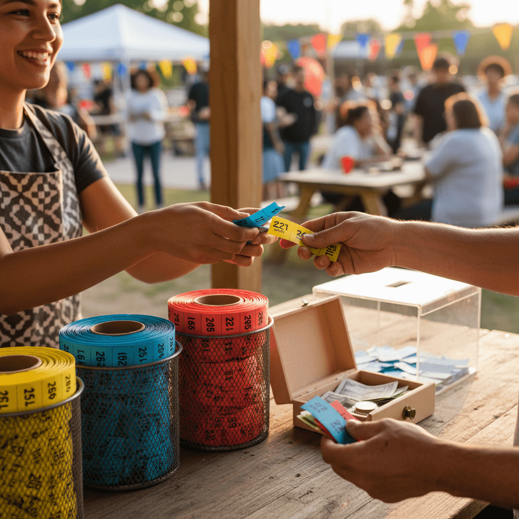 Hands exchanging colorful raffle tickets at a community booth, diverse participants smiling during ticket purchase