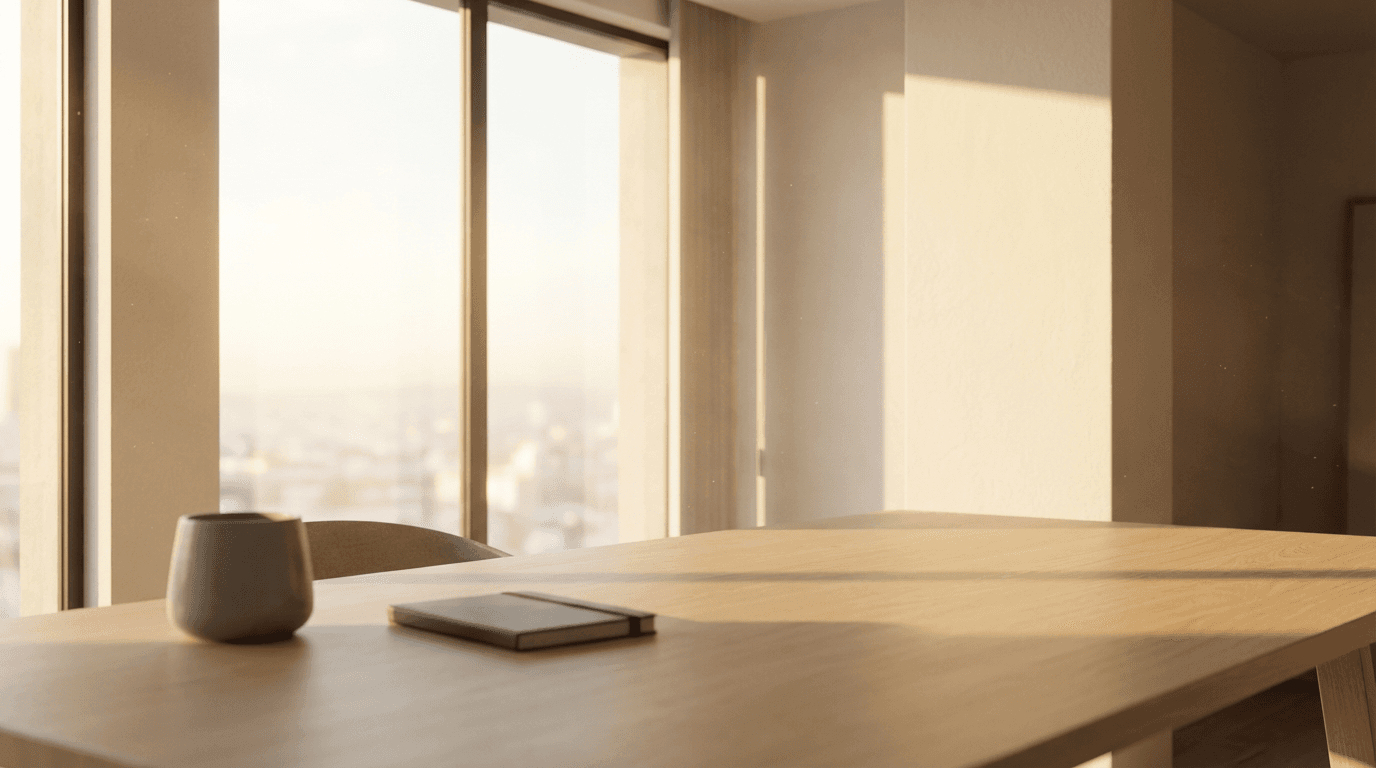 Serene minimalist workspace with golden sunlight, clean lines, and soft atmospheric light rays at golden hour.