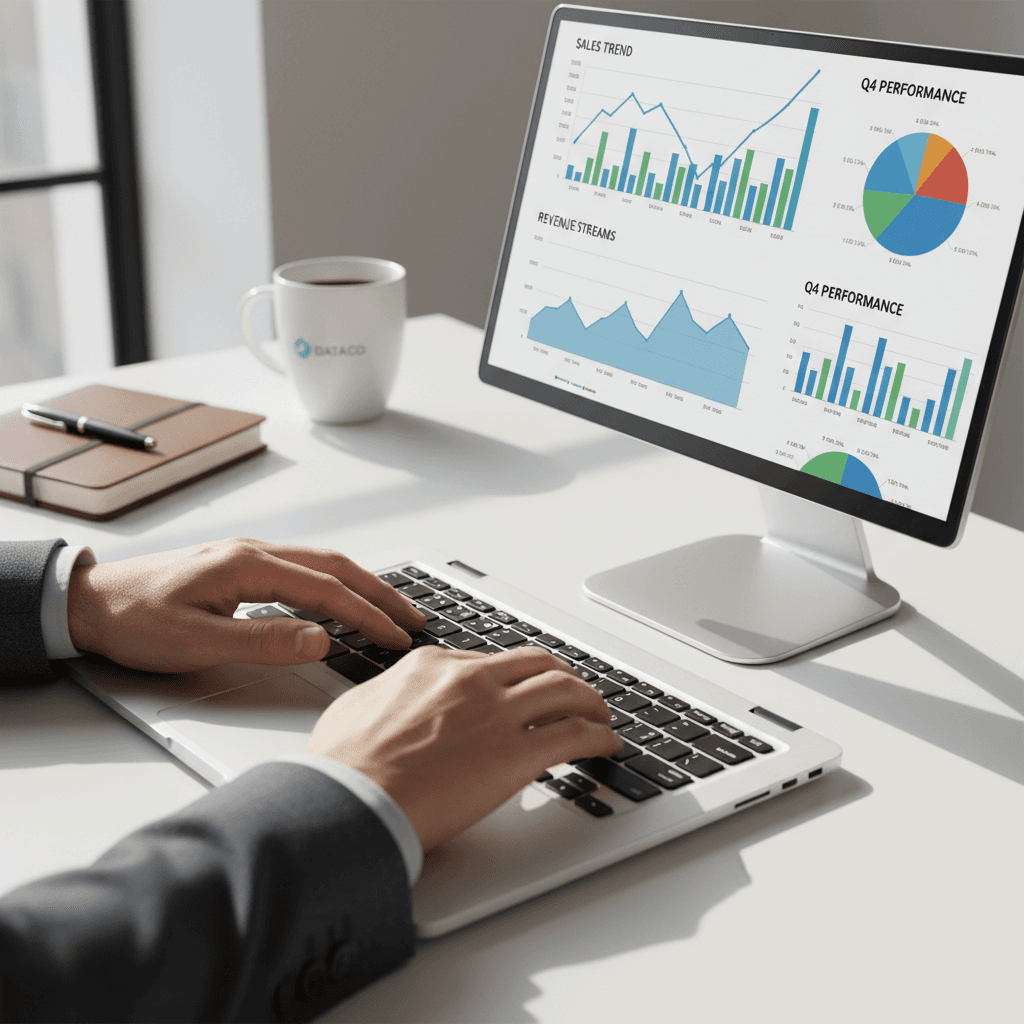 Professional analyzing colorful analytics dashboards on laptop and monitor with hands on keyboard